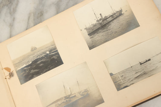Lot 134 - Antique Black Photo Album With Many Snapshot Photographs, Including Of Boats, Ships, Interior Victorian Homes, Dogs, Young Folks Goofing Around, Etc., Circa 1900-1905 (All Pages Pictured)