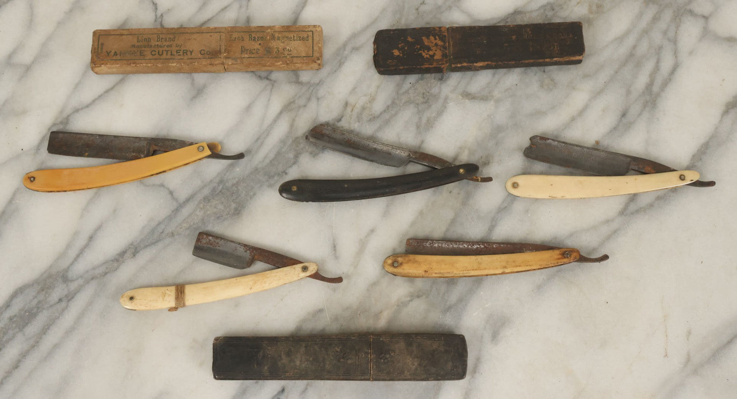 Lot 141 - Junk Drawer Lot, Grouping Of Five Antique Straight Razors And Three Razor Cases, Including Bone Handles, Mostly Poor Condition, Note Rust To Blades, Chips To Blades And Handles, As Found
