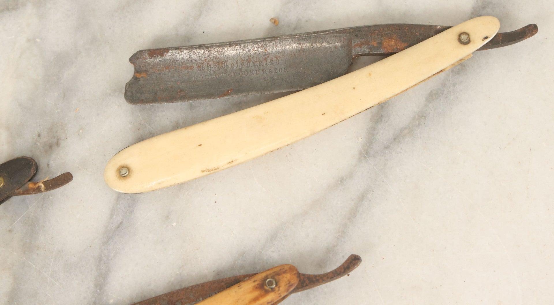 Lot 141 - Junk Drawer Lot, Grouping Of Five Antique Straight Razors And Three Razor Cases, Including Bone Handles, Mostly Poor Condition, Note Rust To Blades, Chips To Blades And Handles, As Found