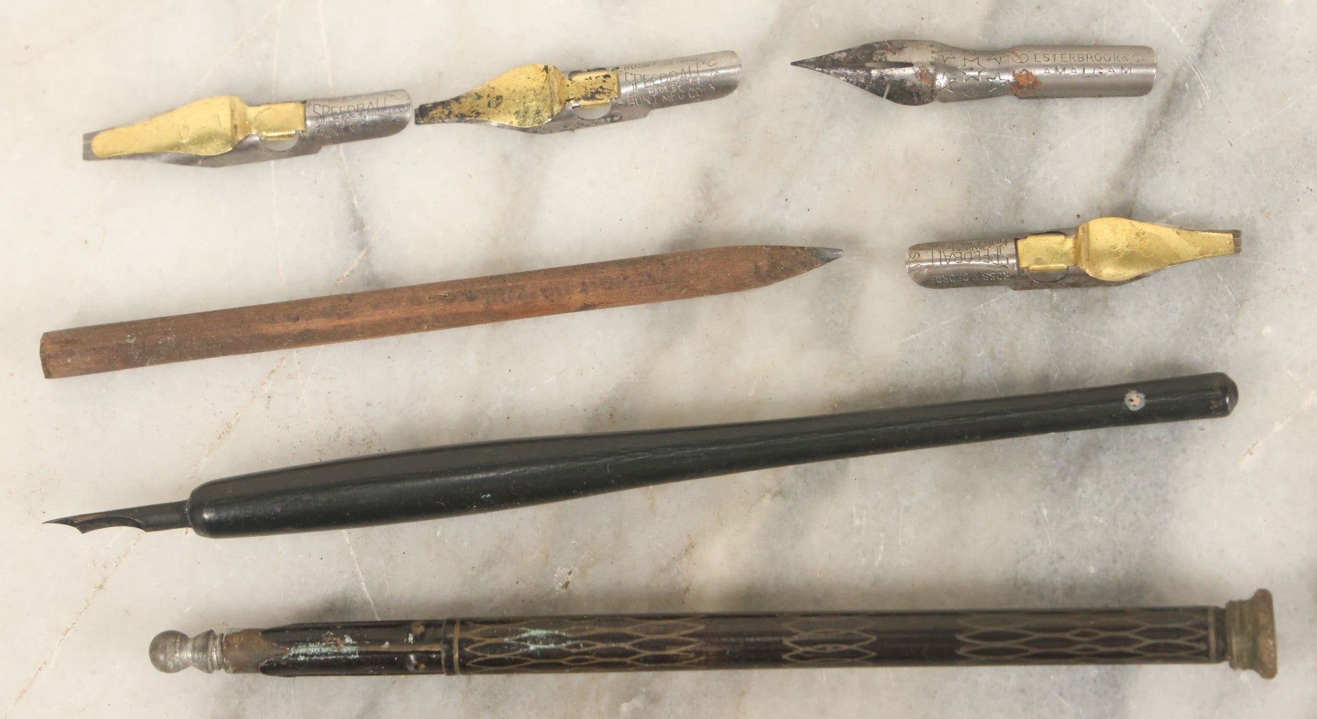 Lot 142 - Junk Drawer Lot, Grouping Of Six Plus Implements Including Antique Pens And Nibs, Hooks, And More, As Found