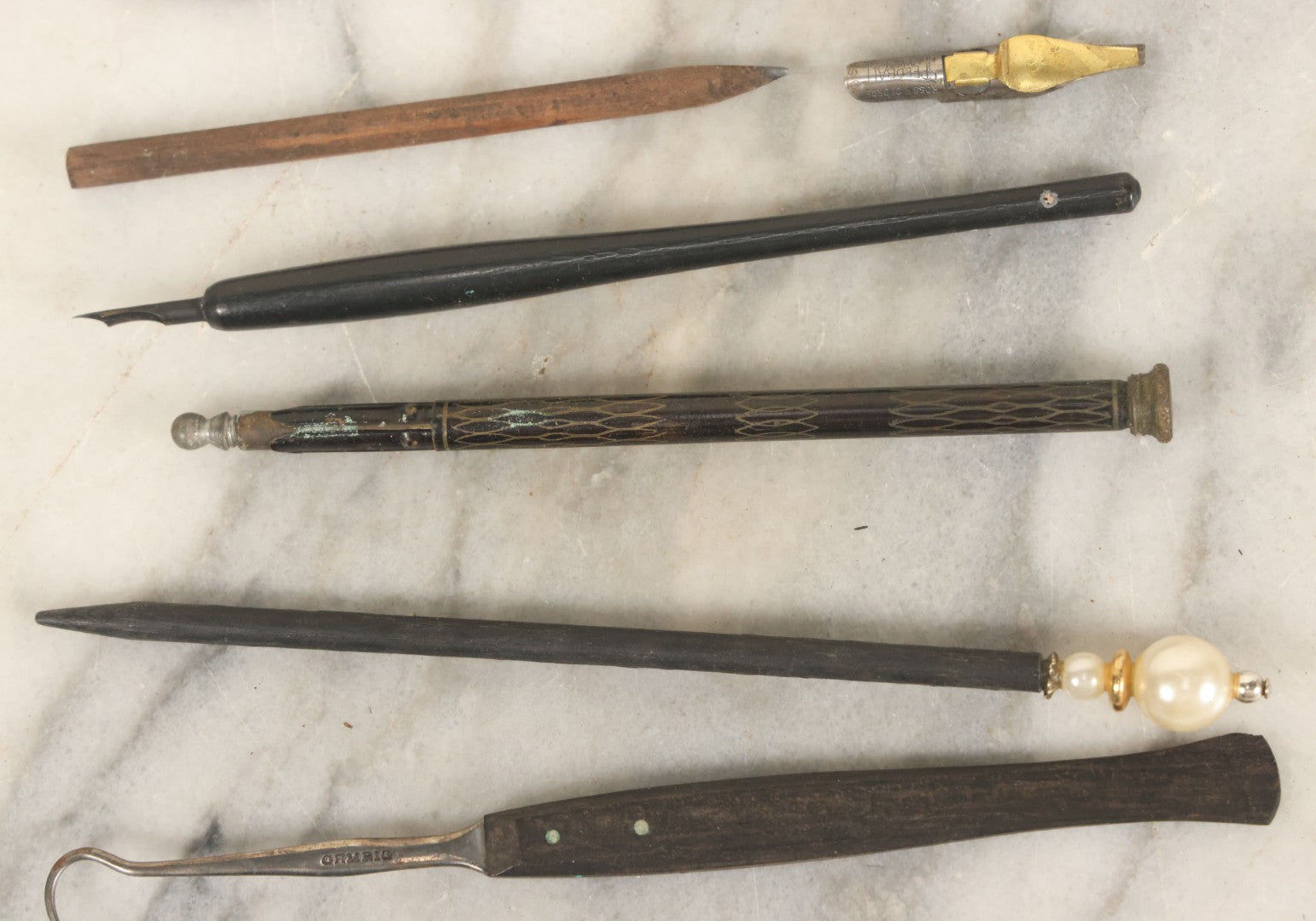 Lot 142 - Junk Drawer Lot, Grouping Of Six Plus Implements Including Antique Pens And Nibs, Hooks, And More, As Found
