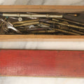 Lot 144 - Junk Drawer Lot, Grouping Of Various Brass And Metal Implements For Drafting Etc, In Wooden Box, 20+ Pieces, As Found