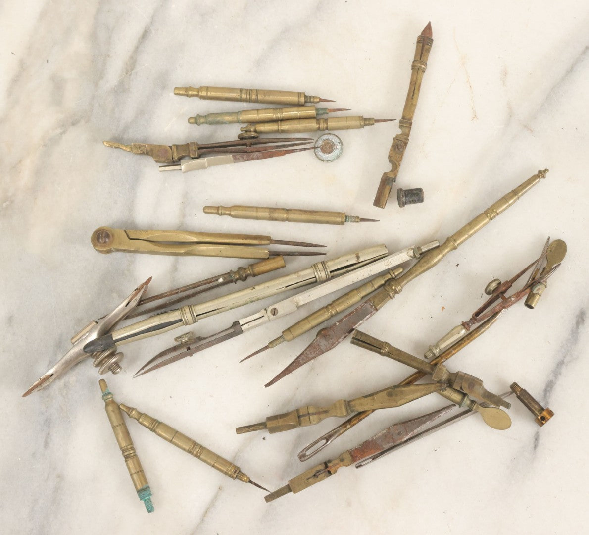 Lot 144 - Junk Drawer Lot, Grouping Of Various Brass And Metal Implements For Drafting Etc, In Wooden Box, 20+ Pieces, As Found