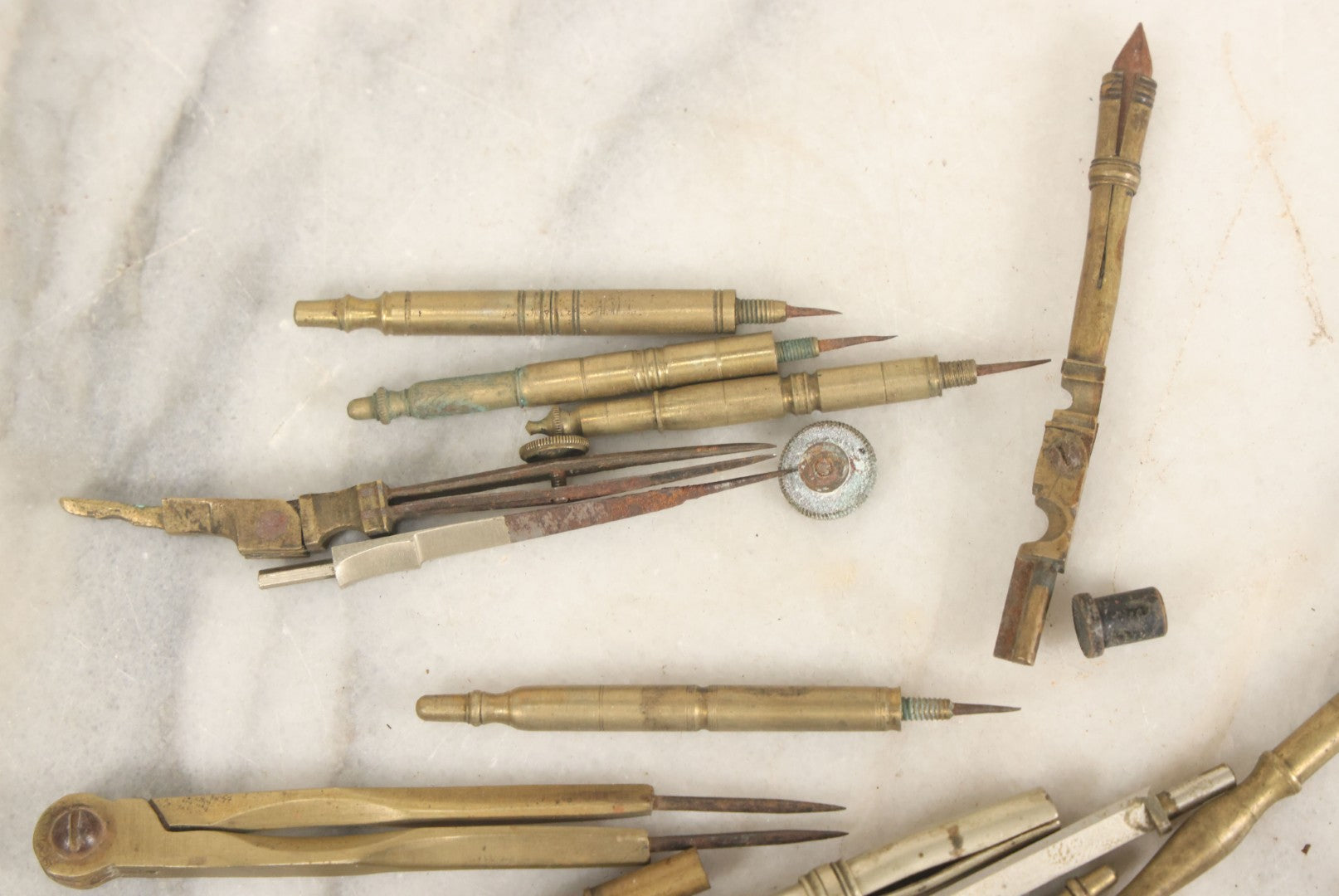 Lot 144 - Junk Drawer Lot, Grouping Of Various Brass And Metal Implements For Drafting Etc, In Wooden Box, 20+ Pieces, As Found