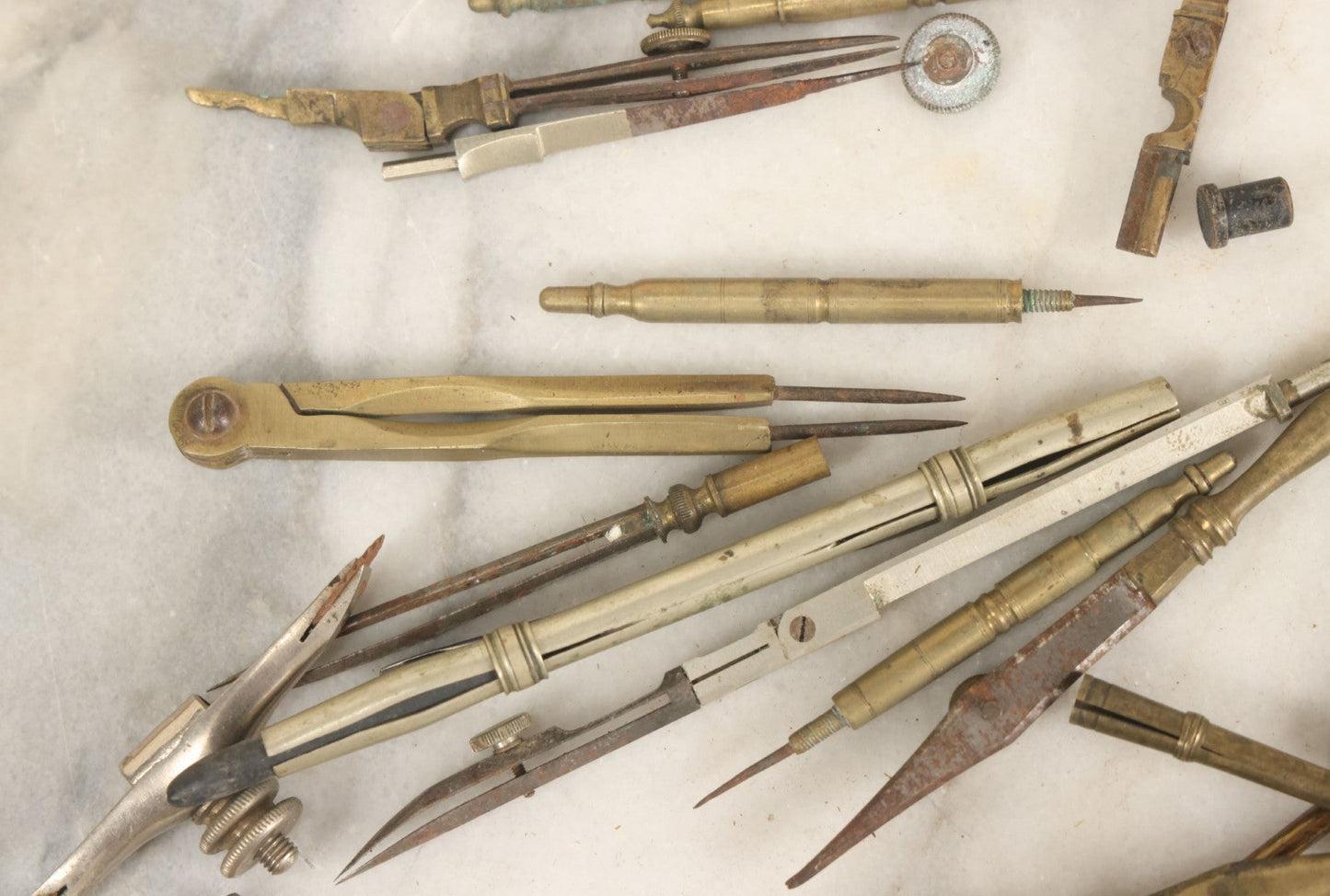 Lot 144 - Junk Drawer Lot, Grouping Of Various Brass And Metal Implements For Drafting Etc, In Wooden Box, 20+ Pieces, As Found