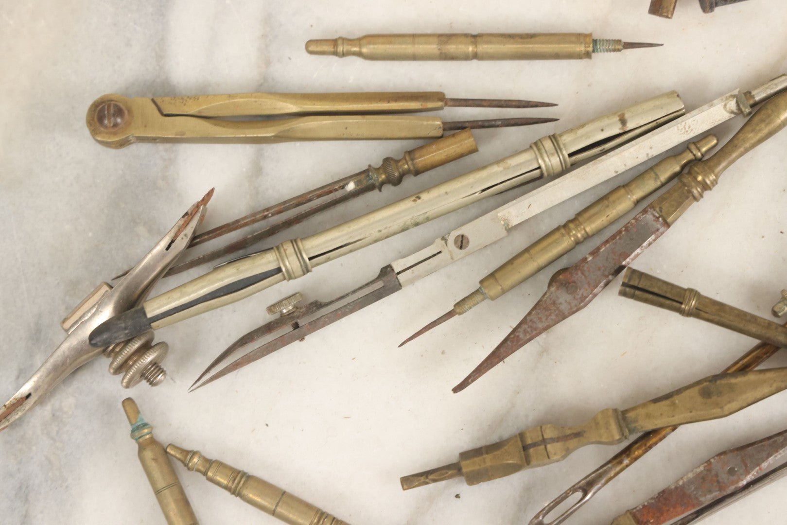 Lot 144 - Junk Drawer Lot, Grouping Of Various Brass And Metal Implements For Drafting Etc, In Wooden Box, 20+ Pieces, As Found
