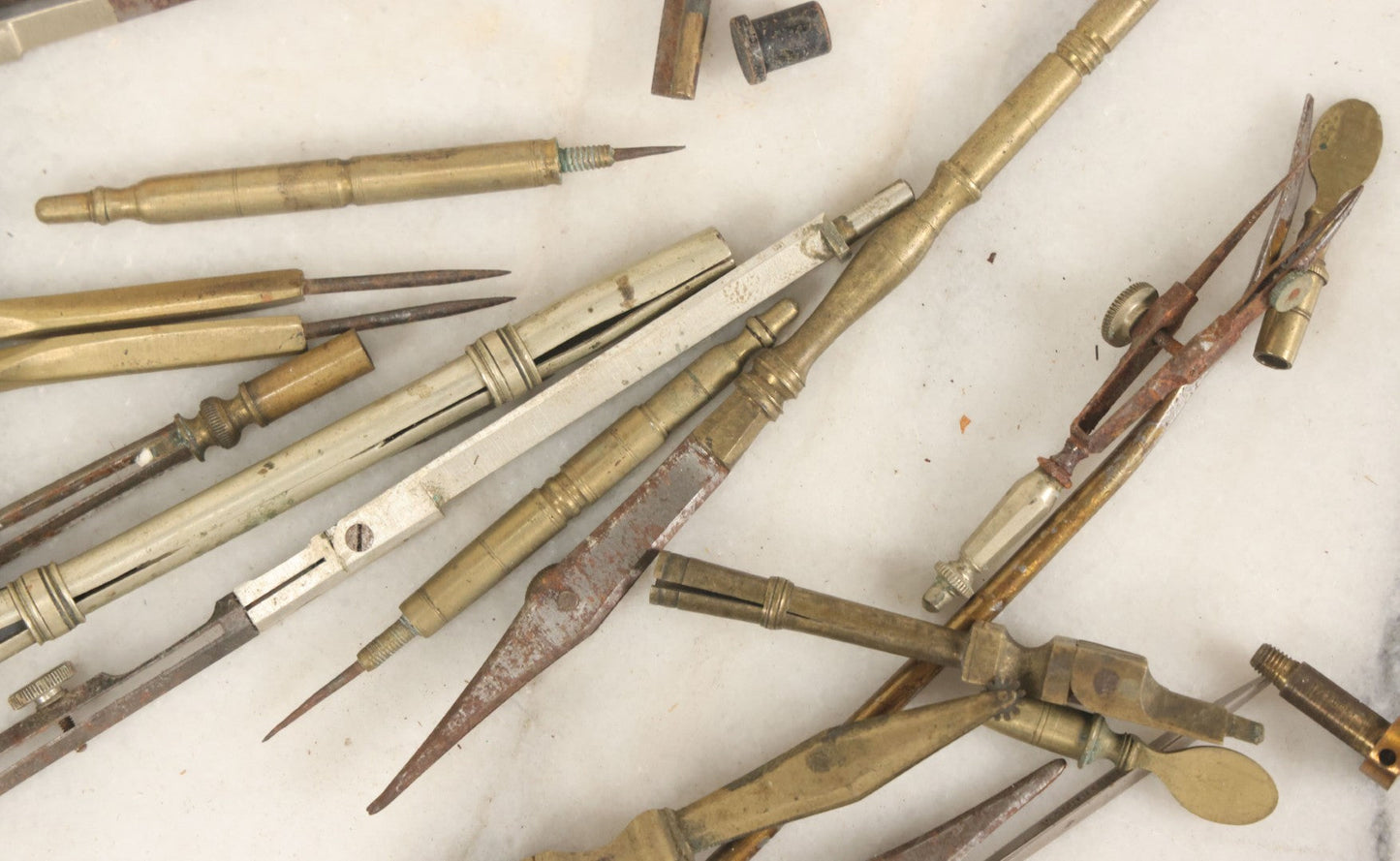 Lot 144 - Junk Drawer Lot, Grouping Of Various Brass And Metal Implements For Drafting Etc, In Wooden Box, 20+ Pieces, As Found