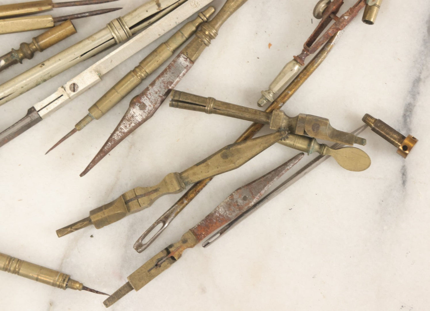 Lot 144 - Junk Drawer Lot, Grouping Of Various Brass And Metal Implements For Drafting Etc, In Wooden Box, 20+ Pieces, As Found