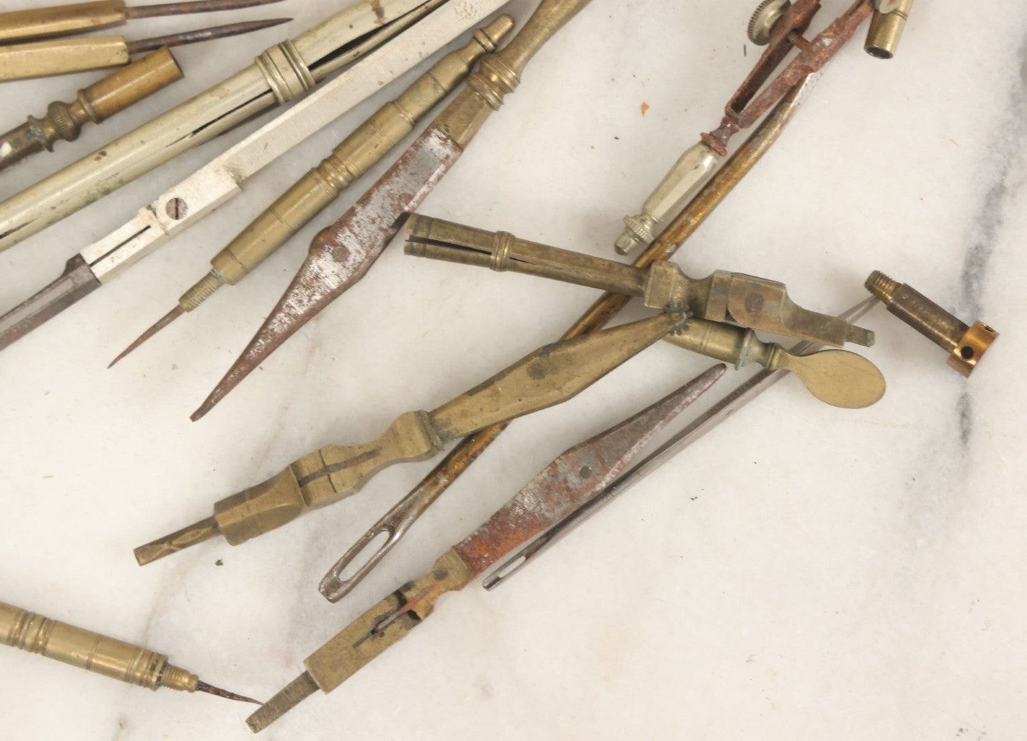 Lot 144 - Junk Drawer Lot, Grouping Of Various Brass And Metal Implements For Drafting Etc, In Wooden Box, 20+ Pieces, As Found
