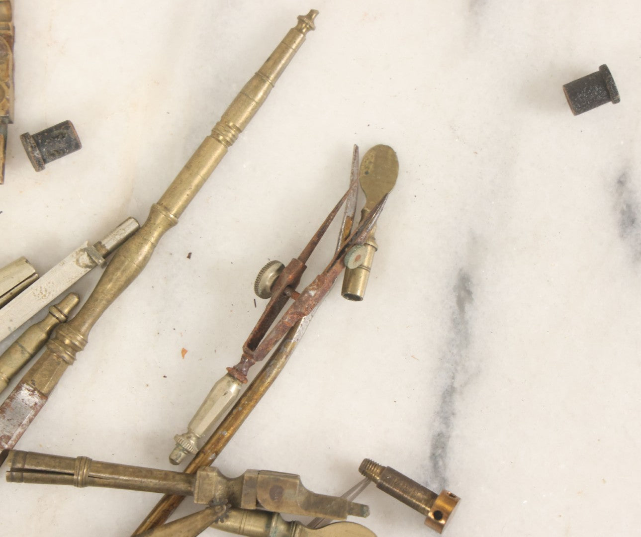 Lot 144 - Junk Drawer Lot, Grouping Of Various Brass And Metal Implements For Drafting Etc, In Wooden Box, 20+ Pieces, As Found