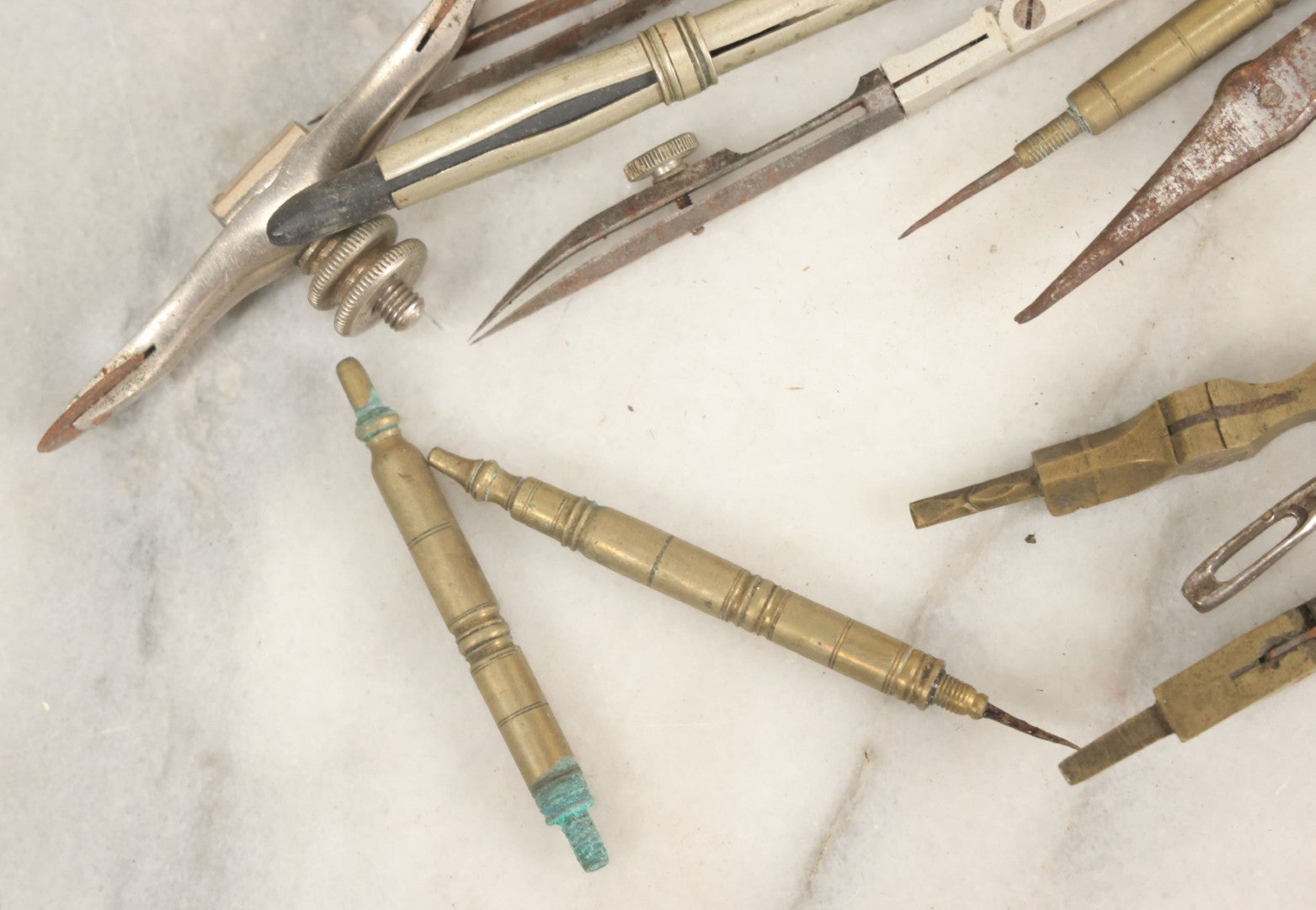Lot 144 - Junk Drawer Lot, Grouping Of Various Brass And Metal Implements For Drafting Etc, In Wooden Box, 20+ Pieces, As Found