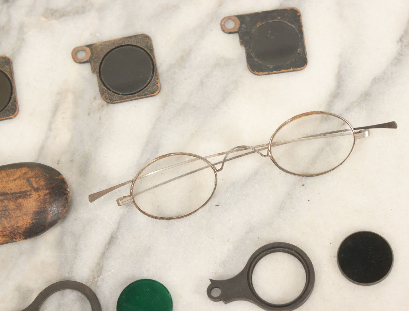 Lot 145 - Junk Drawer Lot, Grouping Of Miscellaneous Optical Items, Including Glasses With Case, Unknown Glass Lenses, Etc., As Found