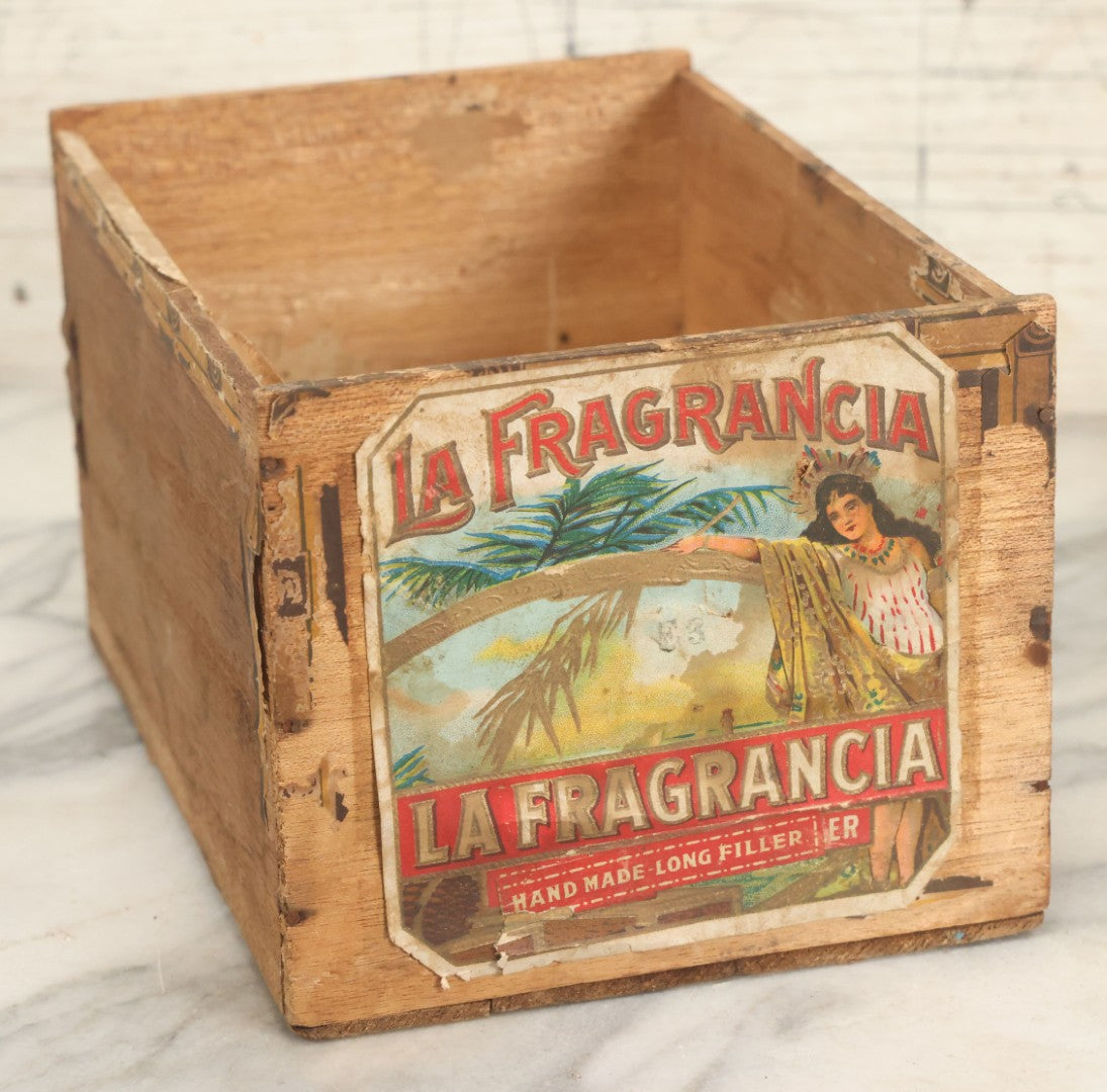 Lot 146 - Vintage "La Fragancia" Wooden Cigar, Tobacco Box With Paper Label, As Found, Note Wear Throughout
