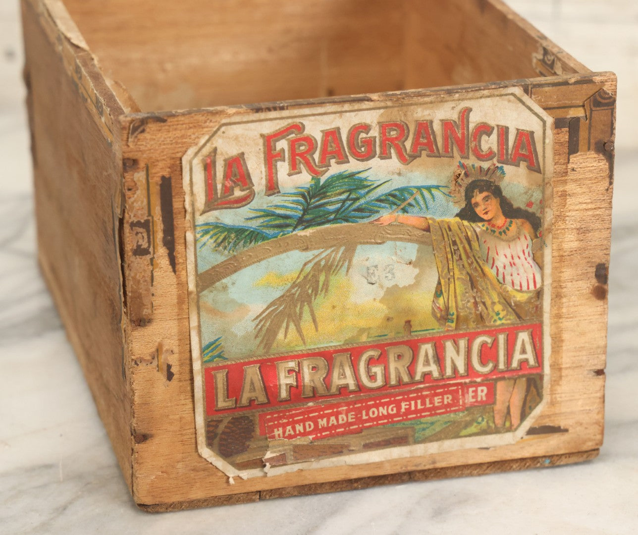 Lot 146 - Vintage "La Fragancia" Wooden Cigar, Tobacco Box With Paper Label, As Found, Note Wear Throughout