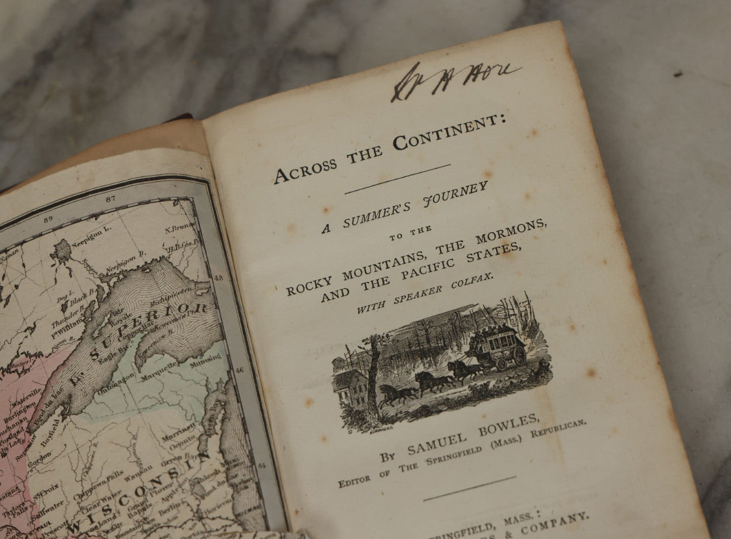 Lot 154 - "Across The Continent: A Summer's Journey To The Rocky Mountains, The Mormons, And The Pacific States" Antique Book By Samuel Bowles, With Fold Out Map, Samuel Bowles & Company Publisher, Springfield, Massachusetts, 1866