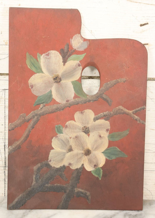 Lot 011 - Vintage Hand-Painted Artist Palette, Floral Dogwood Blossoms On Rustic Red Background, Decorative Art Piece, Note Cracks