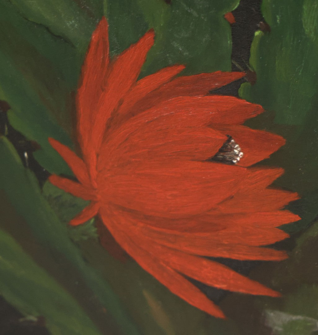 Lot 012 - Antique Hand-Painted Cactus Flower Artwork, Bold Red Blooms On Black Background, Botanical Wall Art, 10-1/8" x 24"