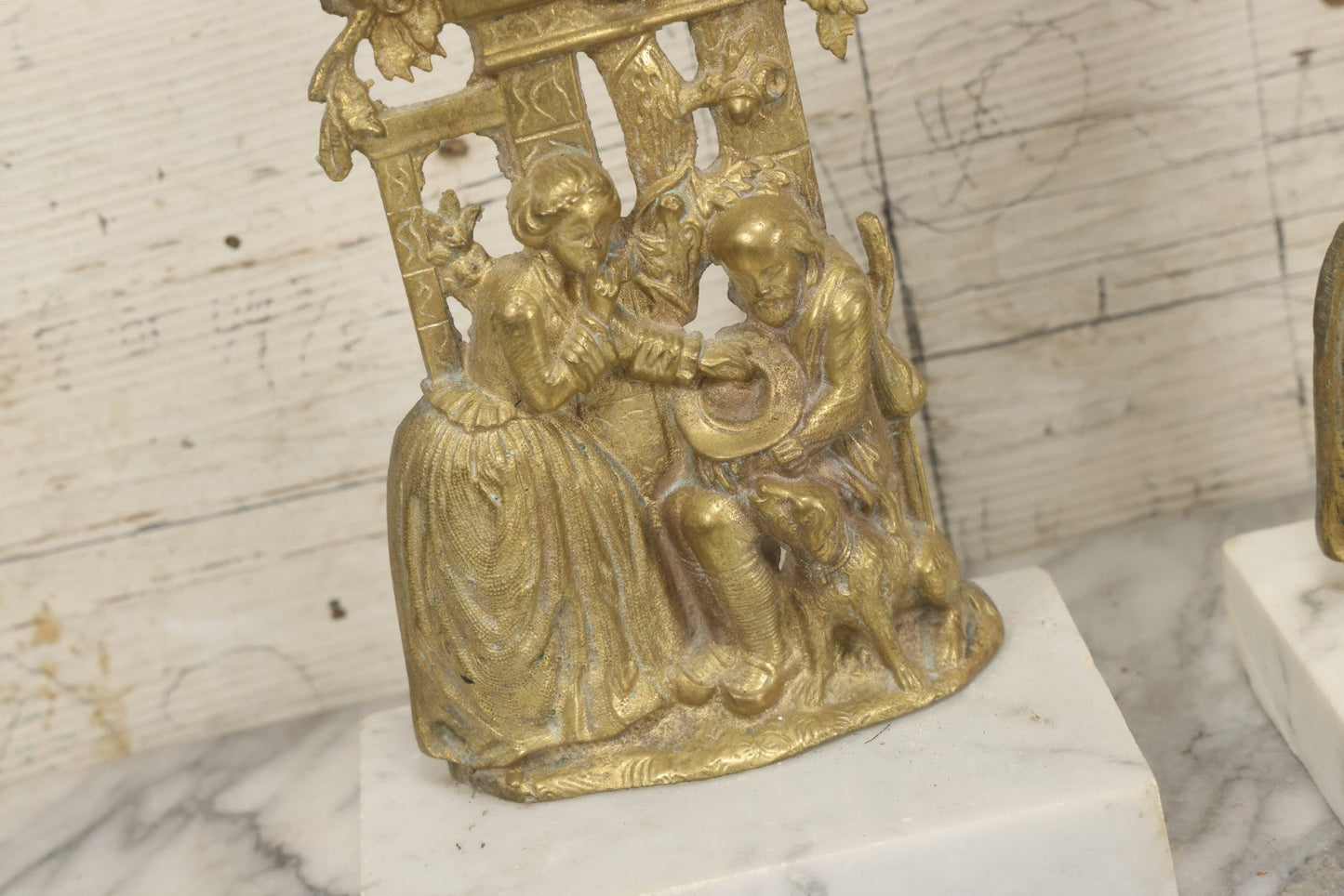 Lot 014 - Antique Gilded Brass Girandole Candelabra Pair, Romantic Rococo Scene With Dog, Marble Base, Amber Crystal Prisms, Note Many Missing, Damaged Crystals, Bases Chipped