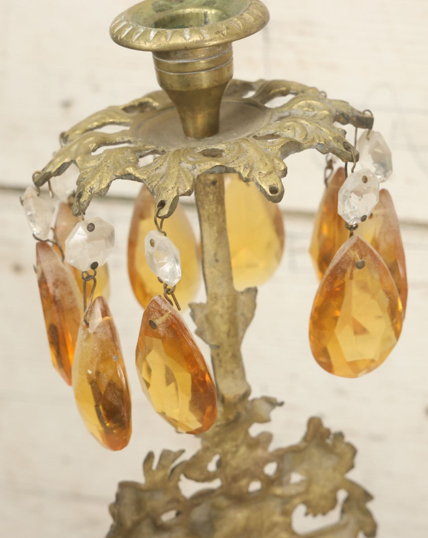 Lot 014 - Antique Gilded Brass Girandole Candelabra Pair, Romantic Rococo Scene With Dog, Marble Base, Amber Crystal Prisms, Note Many Missing, Damaged Crystals, Bases Chipped