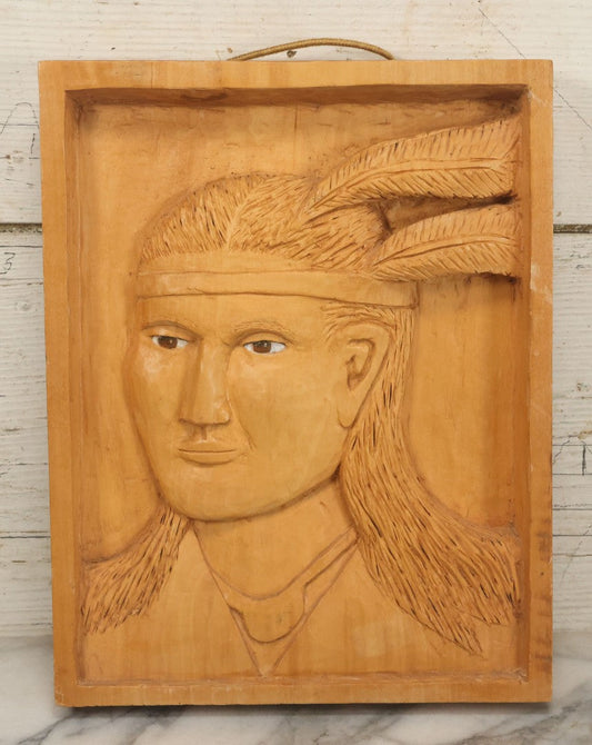 Lot 016 - Vintage Folk Art Hand Carved Wooden Plaque Depicting A Native American Man, Painted Eye Color, Artist Signed, D. Byard, 1987 