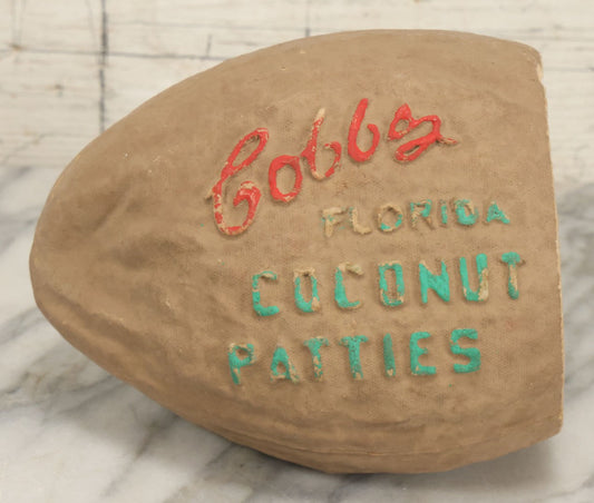 Lot 018 - Vintage Paper Pulp Cobb's Florida Coconut Patties Advertising Souvenir, Faux Coconut Shell, Tropical Decor, Marked Patent Pending