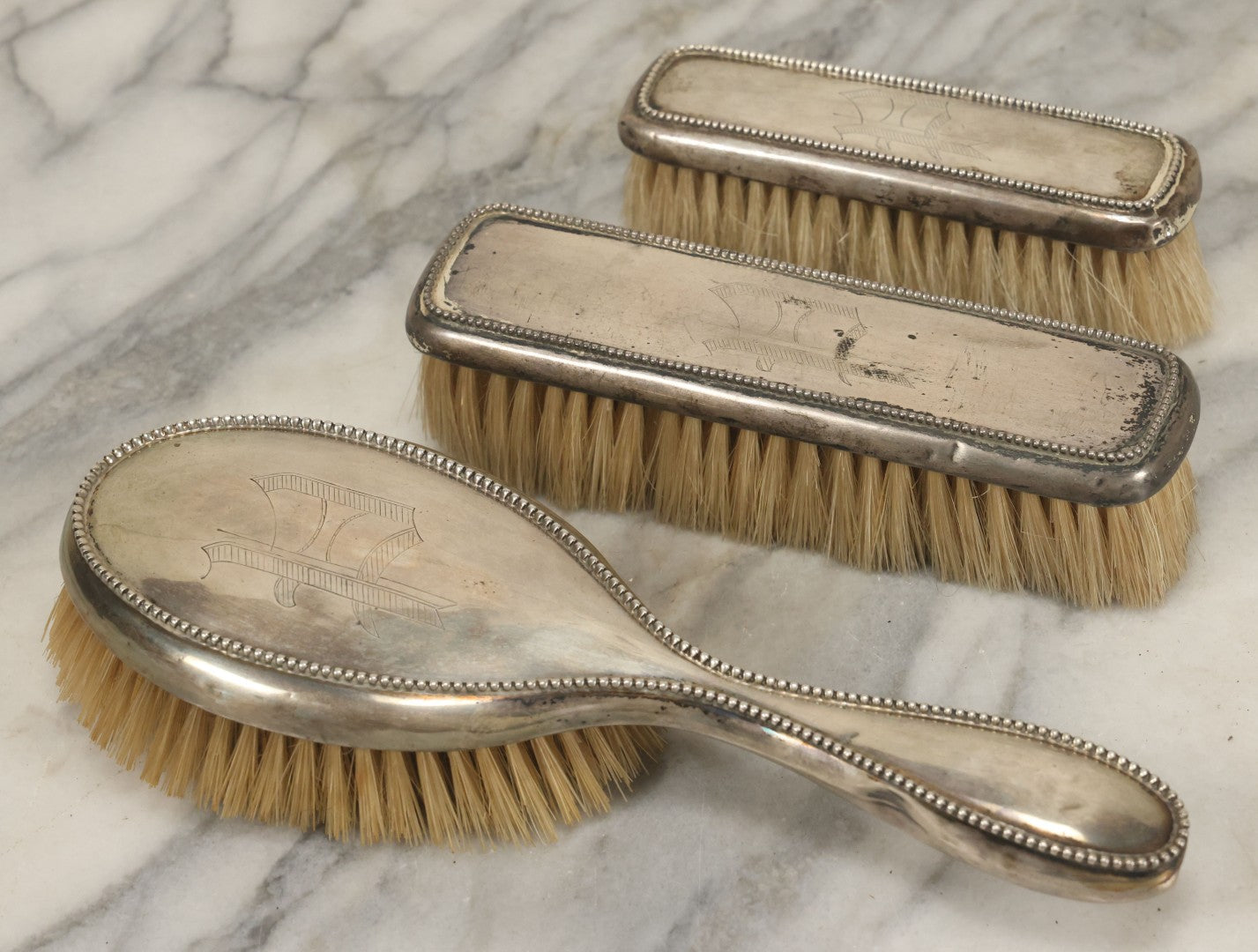 Lot 024 - Antique Sterling Silver Brush Set, P Monogram, Marked Sterling, Victorian Vanity Grooming Set