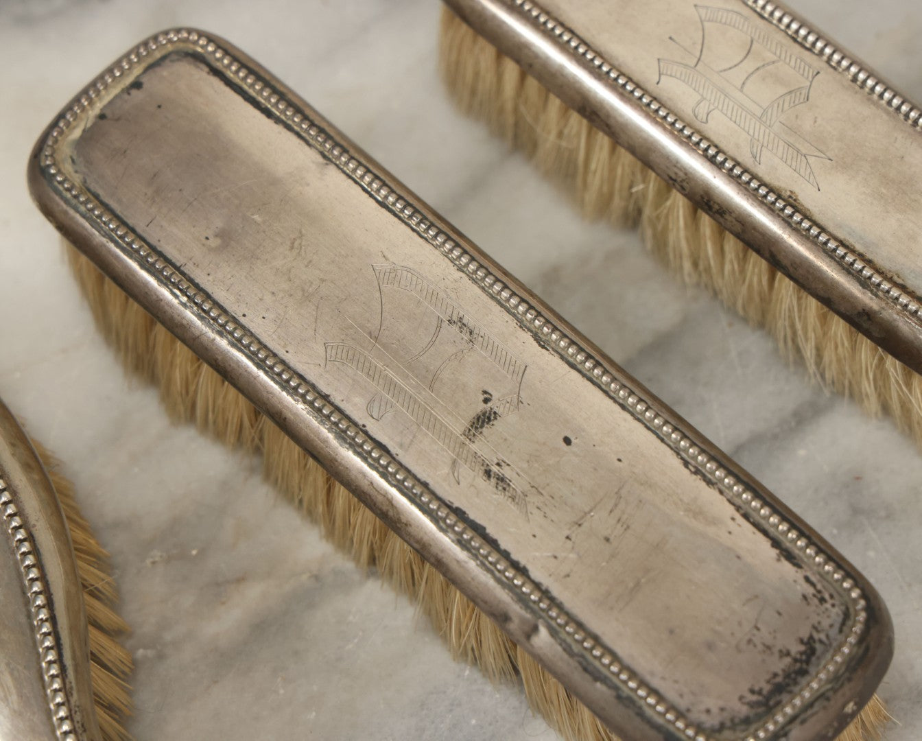 Lot 024 - Antique Sterling Silver Brush Set, P Monogram, Marked Sterling, Victorian Vanity Grooming Set