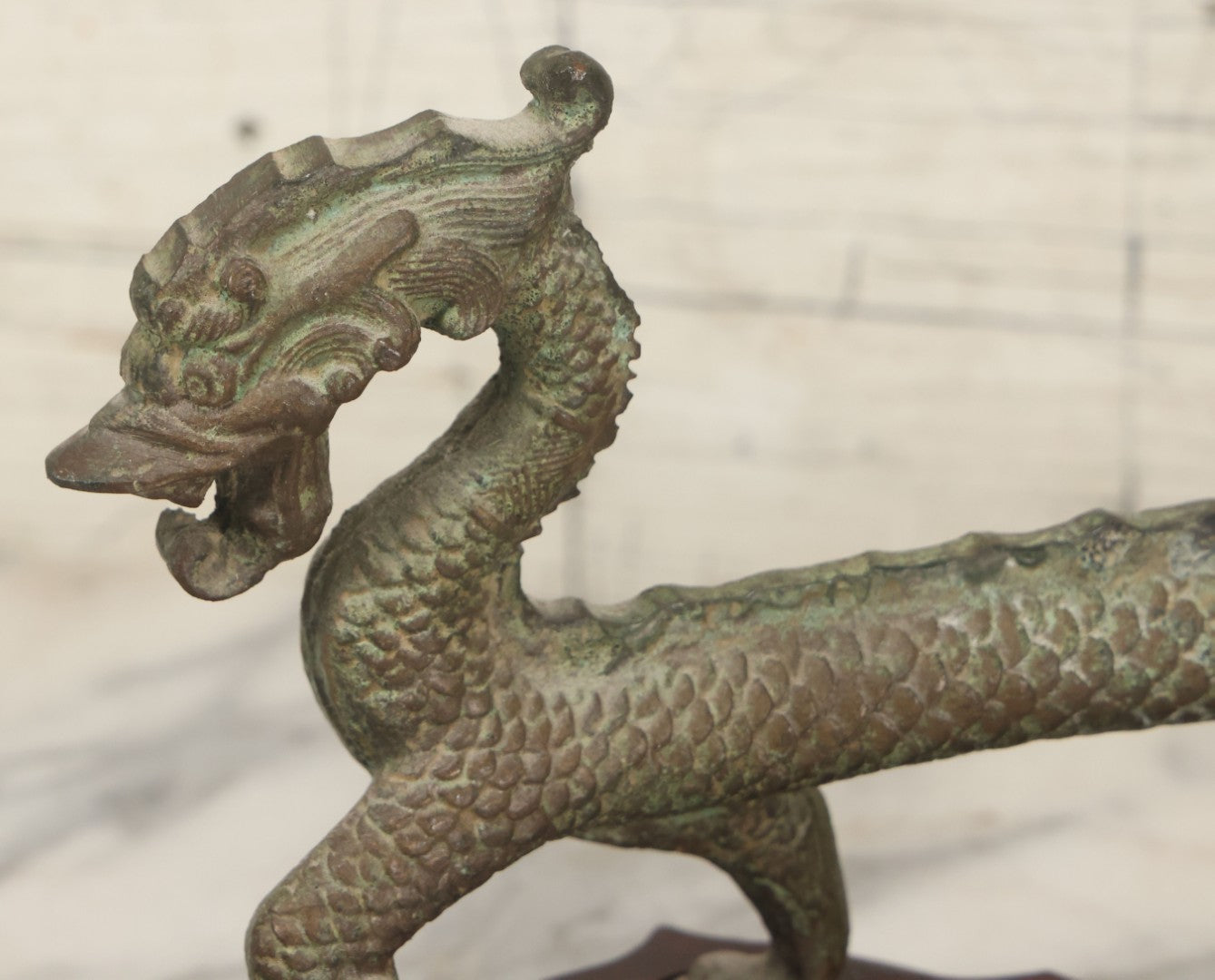 Lot 034 - Vintage Cast Iron Chinese Dragon Statue, Intricate Scaled Design, Mounted On Carved Wood Base