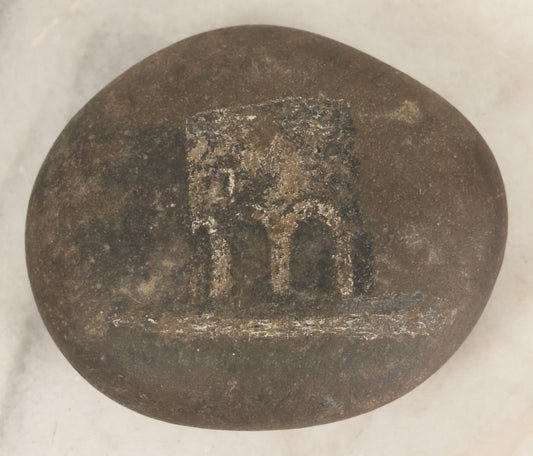 Lot 045 - Antique Hand Painted Rock With Architectural Scene, Folk Art Paperweight, Identified As A Mill