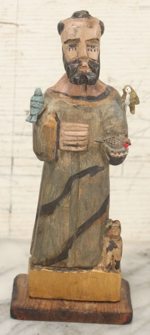Lot 055 - Vintage Hand-Carved Wooden Saint Francis Figure With Parrot And Small Bird, Religious Folk Art Statue