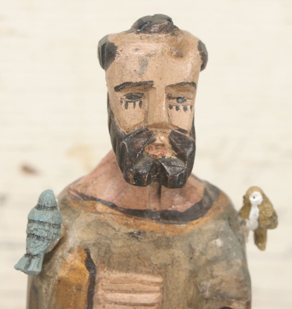 Lot 055 - Vintage Hand-Carved Wooden Saint Francis Figure With Parrot And Small Bird, Religious Folk Art Statue