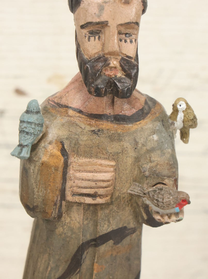 Lot 055 - Vintage Hand-Carved Wooden Saint Francis Figure With Parrot And Small Bird, Religious Folk Art Statue