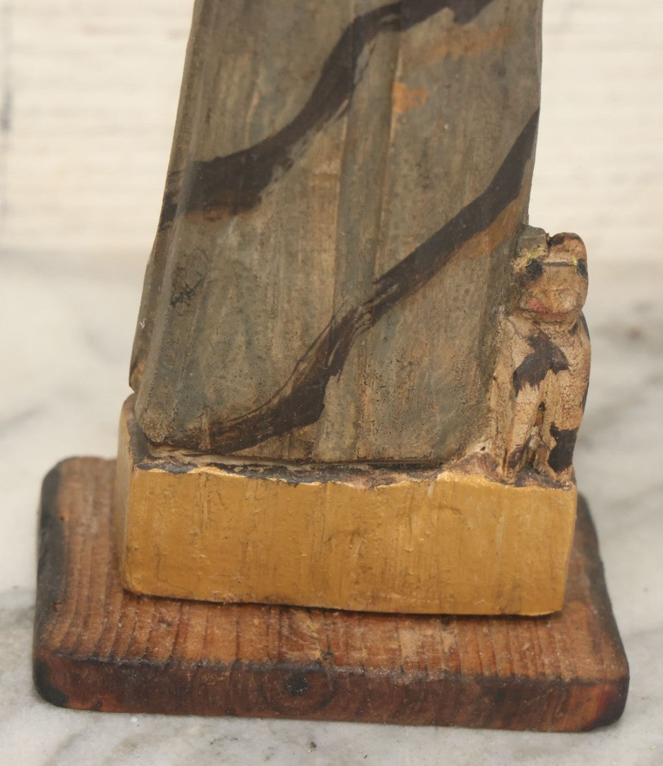 Lot 055 - Vintage Hand-Carved Wooden Saint Francis Figure With Parrot And Small Bird, Religious Folk Art Statue