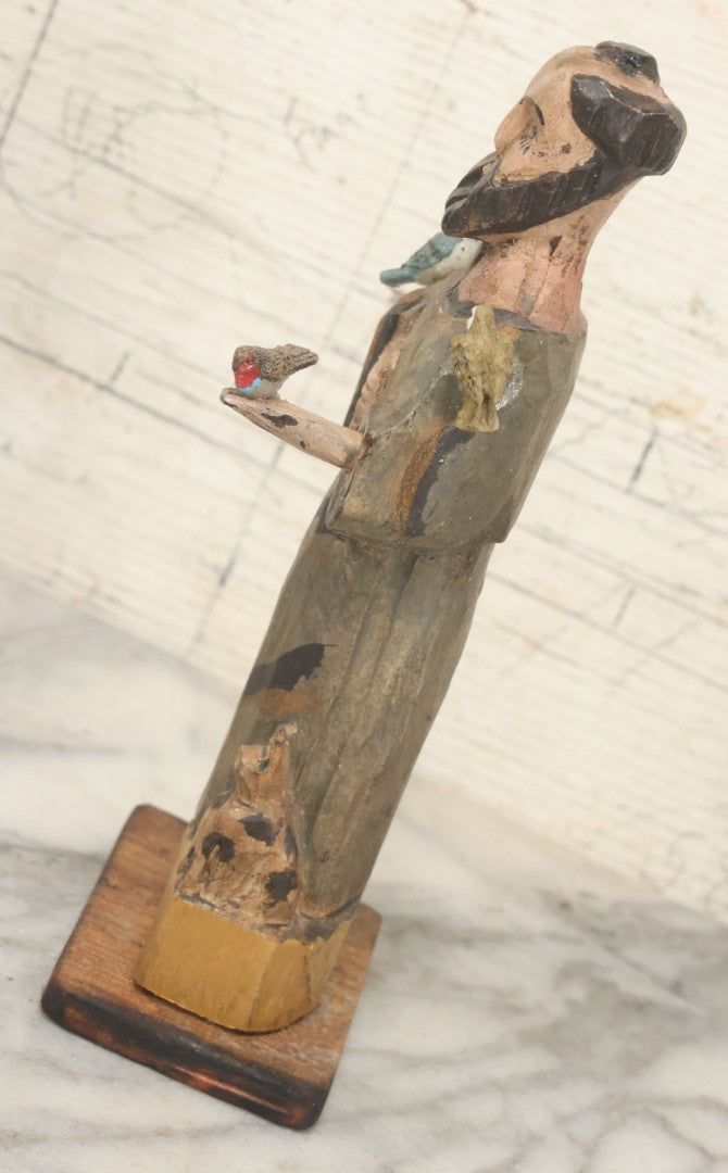 Lot 055 - Vintage Hand-Carved Wooden Saint Francis Figure With Parrot And Small Bird, Religious Folk Art Statue
