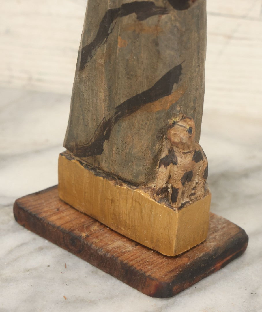 Lot 055 - Vintage Hand-Carved Wooden Saint Francis Figure With Parrot And Small Bird, Religious Folk Art Statue