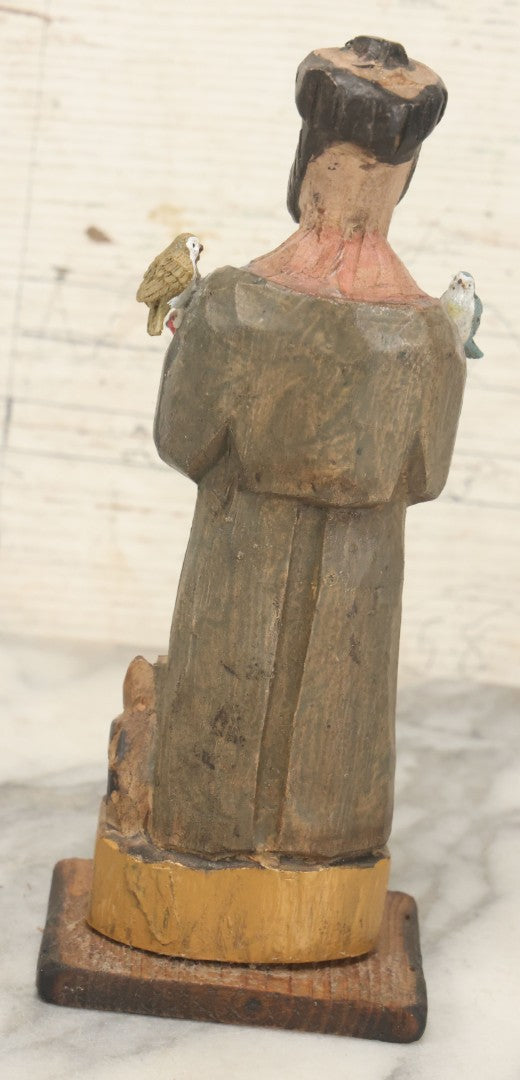 Lot 055 - Vintage Hand-Carved Wooden Saint Francis Figure With Parrot And Small Bird, Religious Folk Art Statue