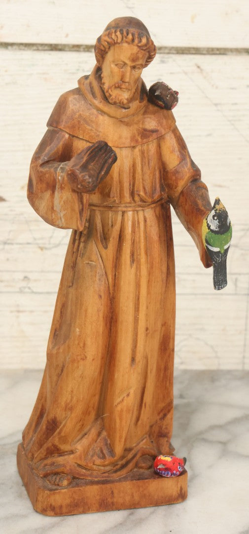 Lot 056 - Vintage Hand-Carved Wooden Saint Francis Figure With Birds, Religious Folk Art Statue, Marked Karl Storr Munchen, Germany