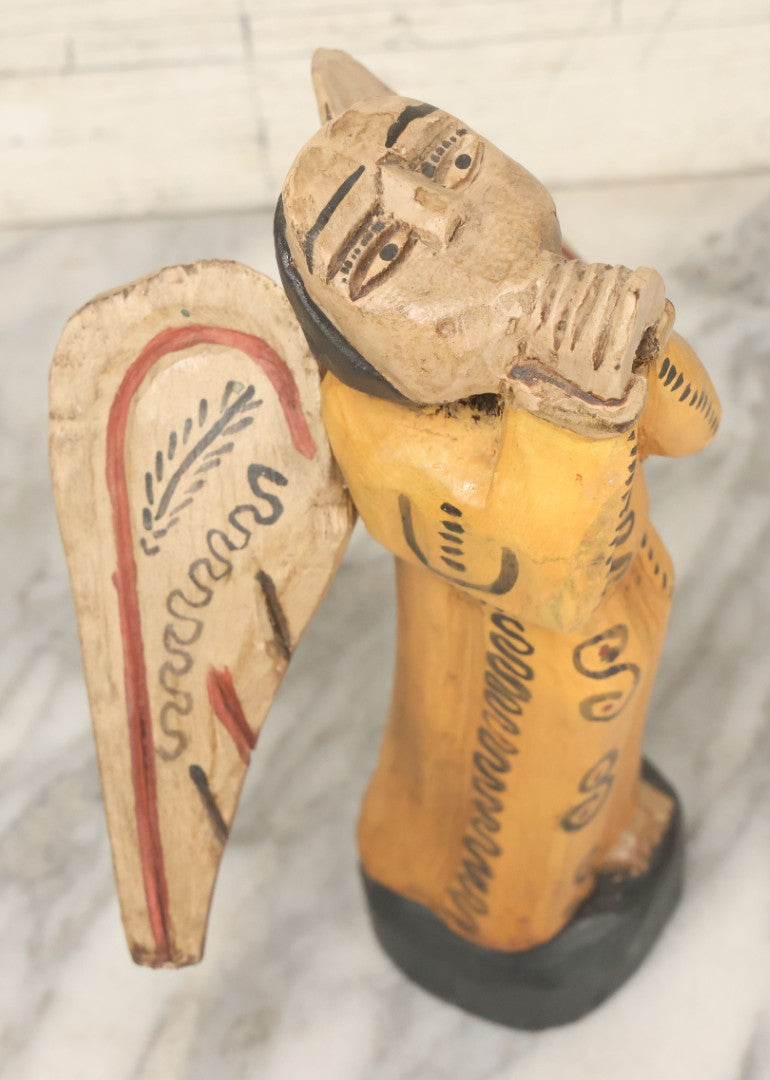Lot 057 - Vintage Hand-Painted Wooden Folk Art Angel Figure, Primitive Religious Carving, Note Wear, Missing Horn