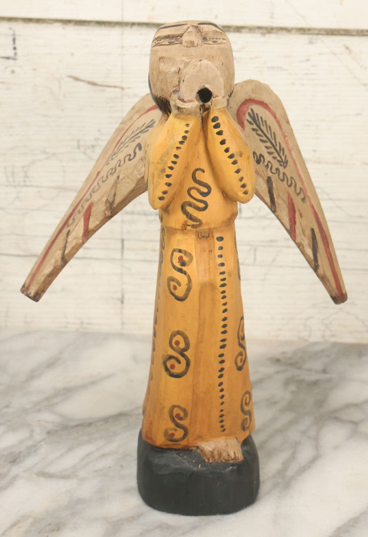 Lot 057 - Vintage Hand-Painted Wooden Folk Art Angel Figure, Primitive Religious Carving, Note Wear, Missing Horn
