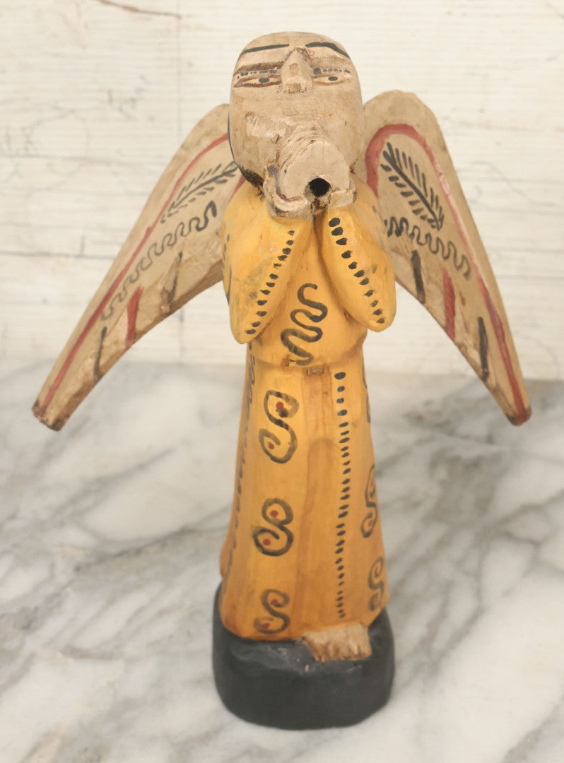 Lot 057 - Vintage Hand-Painted Wooden Folk Art Angel Figure, Primitive Religious Carving, Note Wear, Missing Horn