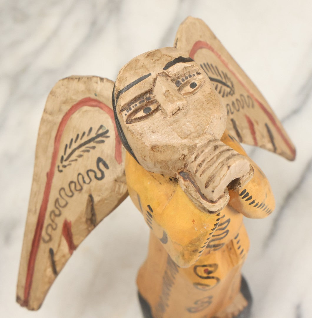 Lot 057 - Vintage Hand-Painted Wooden Folk Art Angel Figure, Primitive Religious Carving, Note Wear, Missing Horn