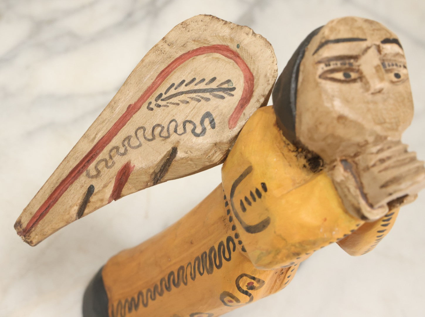 Lot 057 - Vintage Hand-Painted Wooden Folk Art Angel Figure, Primitive Religious Carving, Note Wear, Missing Horn