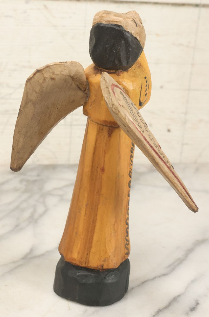 Lot 057 - Vintage Hand-Painted Wooden Folk Art Angel Figure, Primitive Religious Carving, Note Wear, Missing Horn