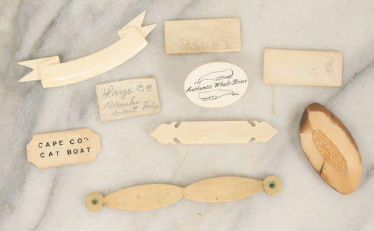 Lot 060 - Grouping Of Antique Scrimshaw And Carved Bone Nameplates, Whale Bone, And Folk Art Fragments, 9 Pieces