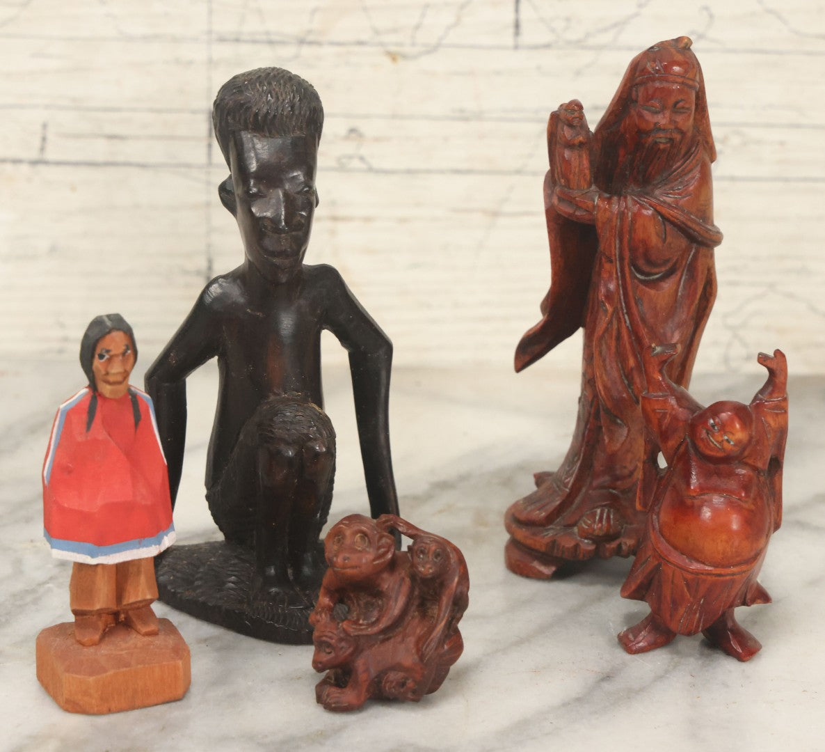 Lot 061 - Grouping Of Five Of Vintage Hand-Carved Wooden Figurines, Including Asian, African, And Folk Art Pieces, Monkeys, Buddha, Etc