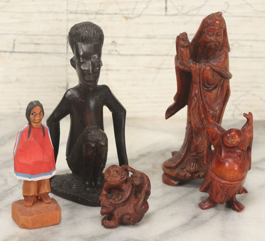 Lot 061 - Grouping Of Five Of Vintage Hand-Carved Wooden Figurines, Including Asian, African, And Folk Art Pieces, Monkeys, Buddha, Etc