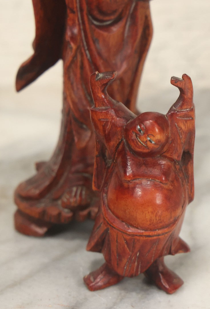 Lot 061 - Grouping Of Five Of Vintage Hand-Carved Wooden Figurines, Including Asian, African, And Folk Art Pieces, Monkeys, Buddha, Etc