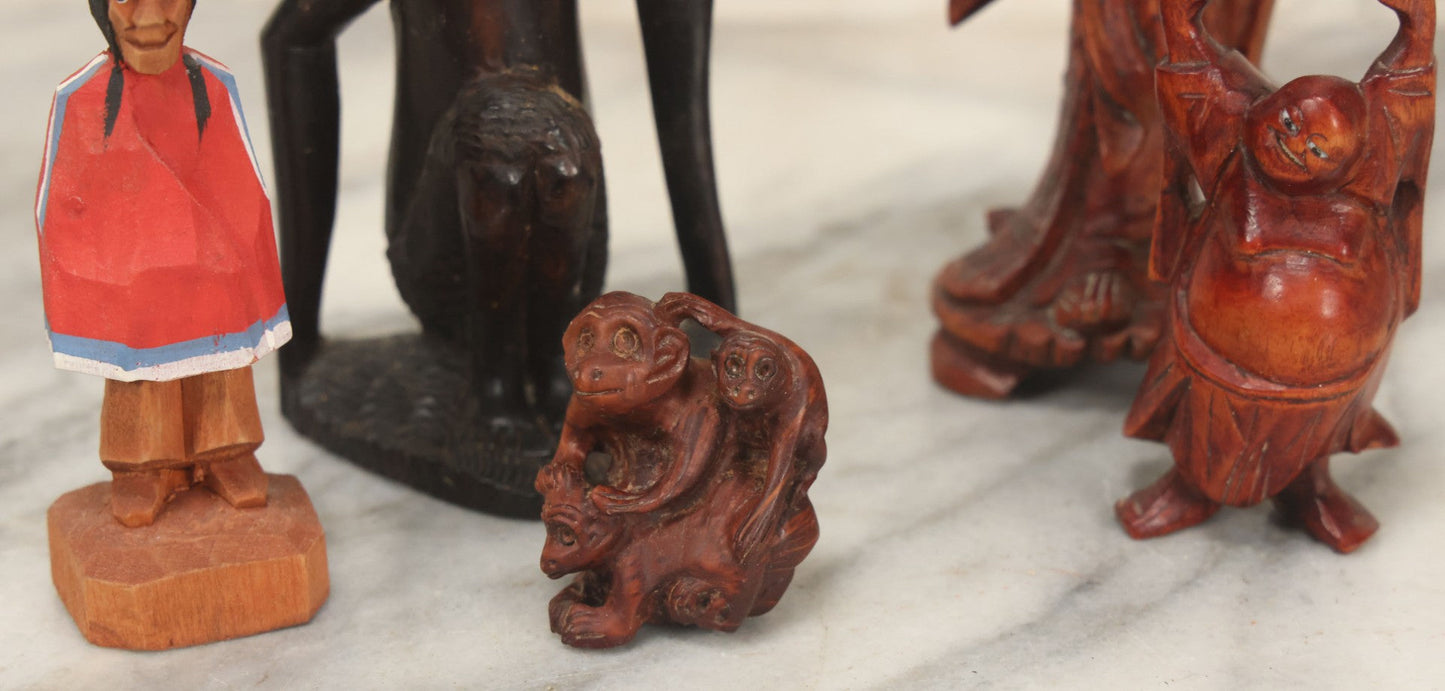 Lot 061 - Grouping Of Five Of Vintage Hand-Carved Wooden Figurines, Including Asian, African, And Folk Art Pieces, Monkeys, Buddha, Etc