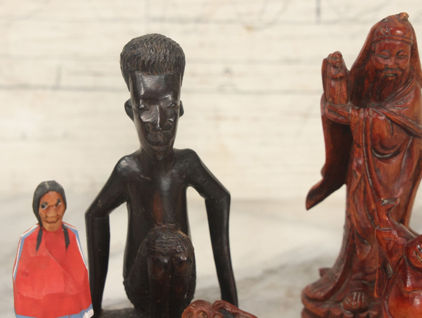 Lot 061 - Grouping Of Five Of Vintage Hand-Carved Wooden Figurines, Including Asian, African, And Folk Art Pieces, Monkeys, Buddha, Etc