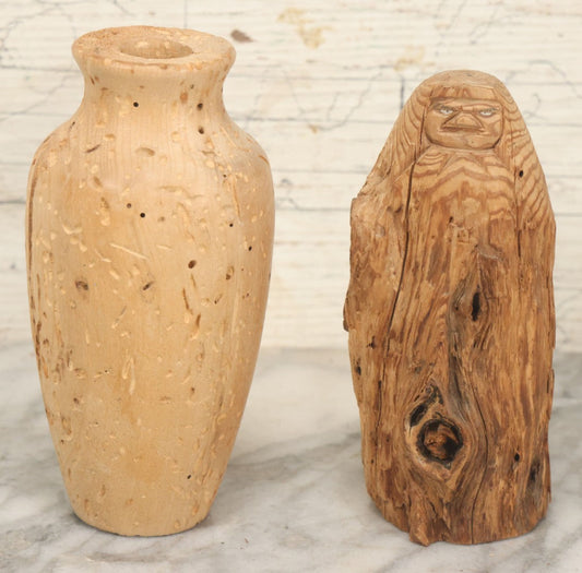 Lot 063 - Pair Of Antique Hand-Carved Wooden Pieces, Rustic Folk Art, One Featuring A Carved Native Face, Another A Vase